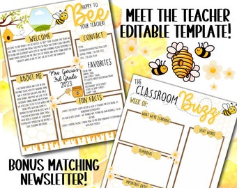 Editable Honey Bee Theme Meet the Teacher Form and Class Newsletter - Teacher Template Set | Back to School flyer | teacher introduction