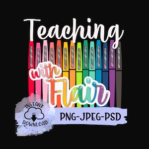 Enseñar con estilo Lisa Frank inspiró bolígrafos de estilo arco iris para camisas de maestros de regreso a la escuela descarga digital instantánea archivos PNG-JPEG-PSD