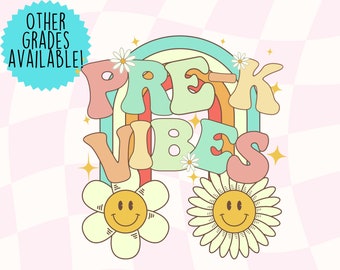 Pre-K Vibes Retro Font Digital PNG File Back to school retro rainbow smiley sunshine instant digital download for teacher kids shirts