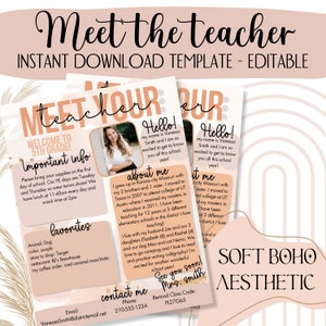 Conozca al maestro Folleto de regreso a la escuela editable y personalizable / jornada de puertas abiertas de la escuela / folleto de presentación del maestro / Plantilla Canva / boho