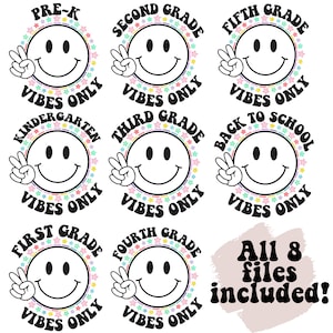 Terug naar school 8 PNG-bundel rangniveau vibes alleen retro smiley gezicht vredesteken instant digitale download PNG-bestanden voor leraren kindershirts
