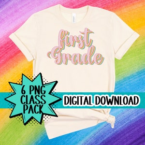 De volta às aulas 6 PNG design digital Pacote Jardim de infância 1ª série 2ª série Retro Rainbow Echo Text Design | Presente para professor