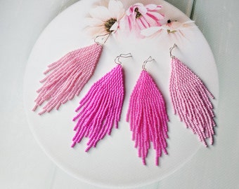 Pink white beaded earrings