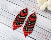 Beadwork earrings Red black gold earrings Beaded earrings Ethnic earrings American native Seed beads earrings Fringe earrings Boho earrings