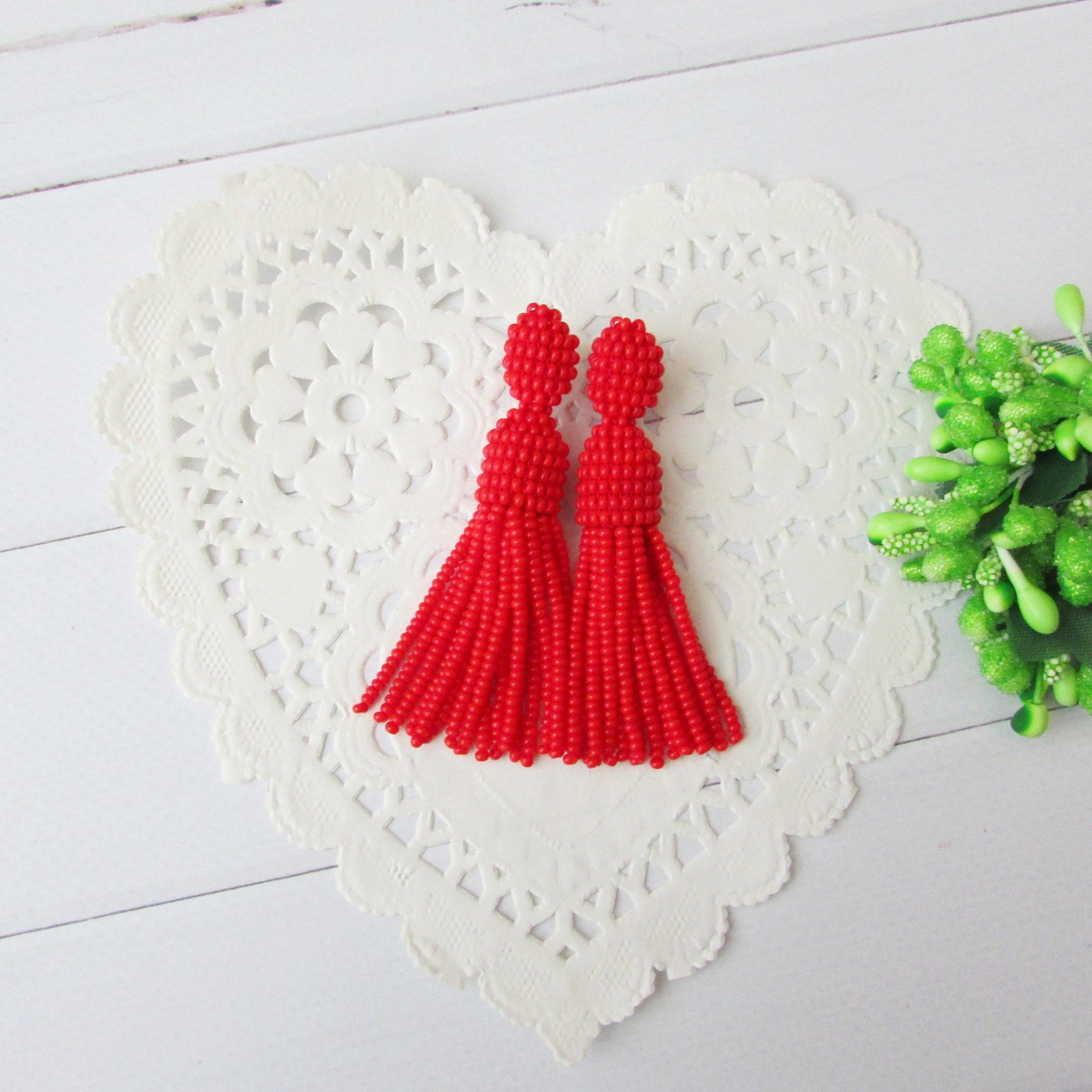 Beaded tassel earrings Red tassel earrings Statements earrings Etsy