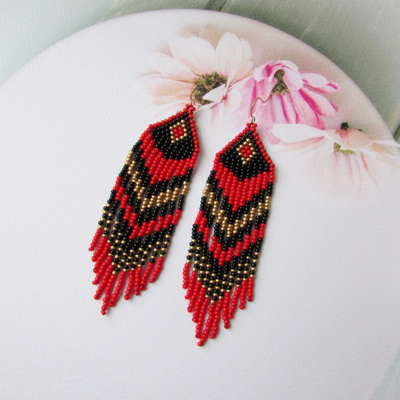 Beadwork earrings Red black gold earrings Beaded earrings Ethnic earrings American native Seed beads earrings Fringe earrings Boho earrings