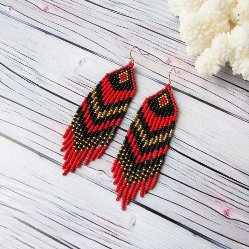 Beadwork earrings Red black gold earrings Beaded earrings Ethnic earrings American native Seed beads earrings Fringe earrings Boho earrings