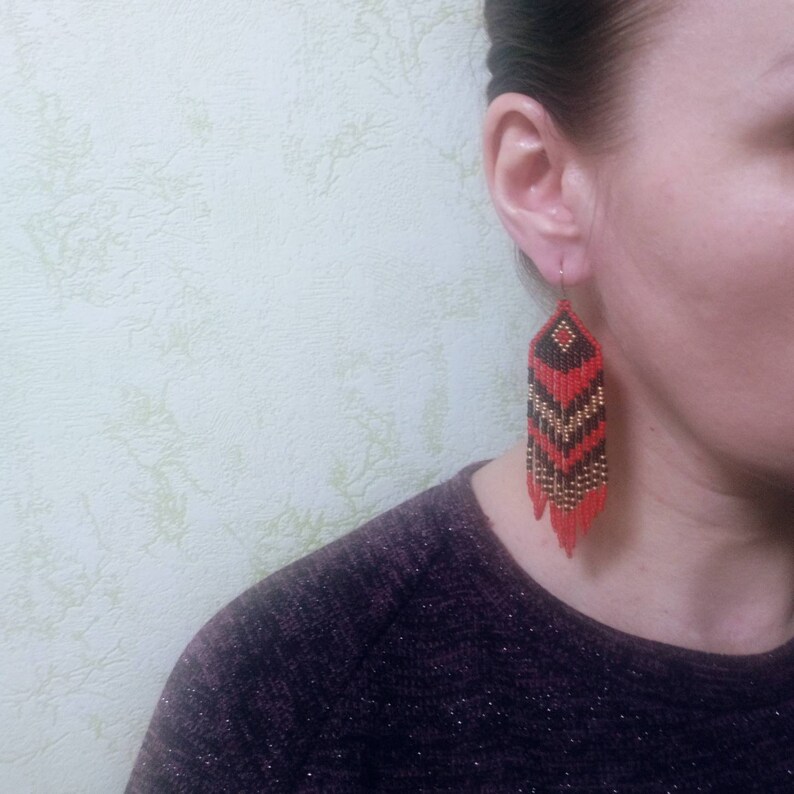 Beadwork earrings Red black gold earrings Beaded earrings Ethnic earrings American native Seed beads earrings Fringe earrings Boho earrings