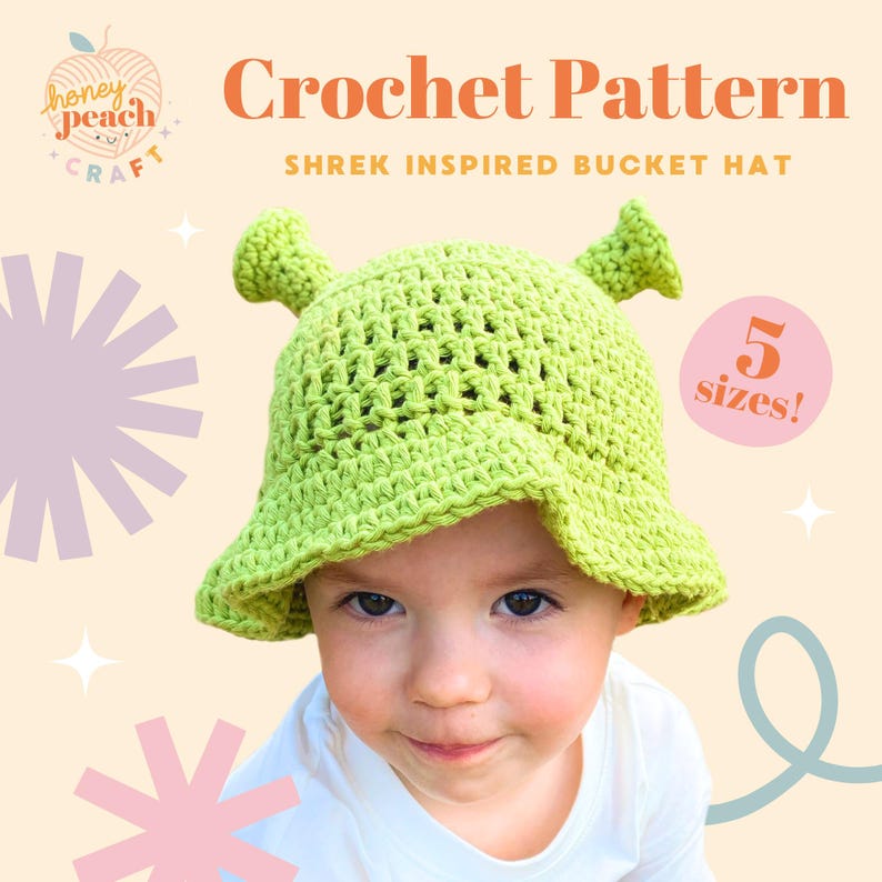 May include: A lime green crochet bucket hat, inspired by Shrek, with two small, upright ear-like protrusions. The hat is shown on a child. The image includes text that reads "Crochet Pattern" and "Shrek Inspired Bucket Hat".