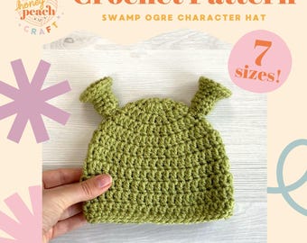 Shrek Hat Crochet Pattern for DIY Fancy Dress Costume Photo Prop Baby Toddler Kids Adult Sizes My First Halloween Cute Ogre Beanie Tutorial