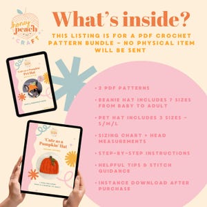 May include: Digital crochet pattern bundle for a beanie and pet hat. The image shows two tablets displaying the patterns, with the text "Cute as a Pumpkin Hat". The bundle includes sizing charts and step-by-step instructions.
