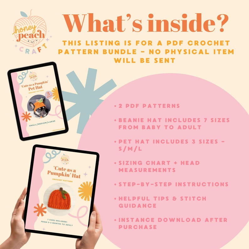 May include: Digital crochet pattern bundle for a beanie and pet hat. The image shows two tablets displaying the patterns, with the text "Cute as a Pumpkin Hat". The bundle includes sizing charts and step-by-step instructions.