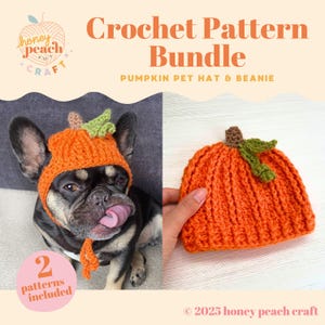 May include: An orange crochet pumpkin pet hat and beanie pattern bundle. The image shows a dog wearing the hat and a hand holding the beanie. The text reads "Crochet Pattern Bundle" and "Pumpkin Pet Hat & Beanie". The logo for "honey peach craft" is also visible.