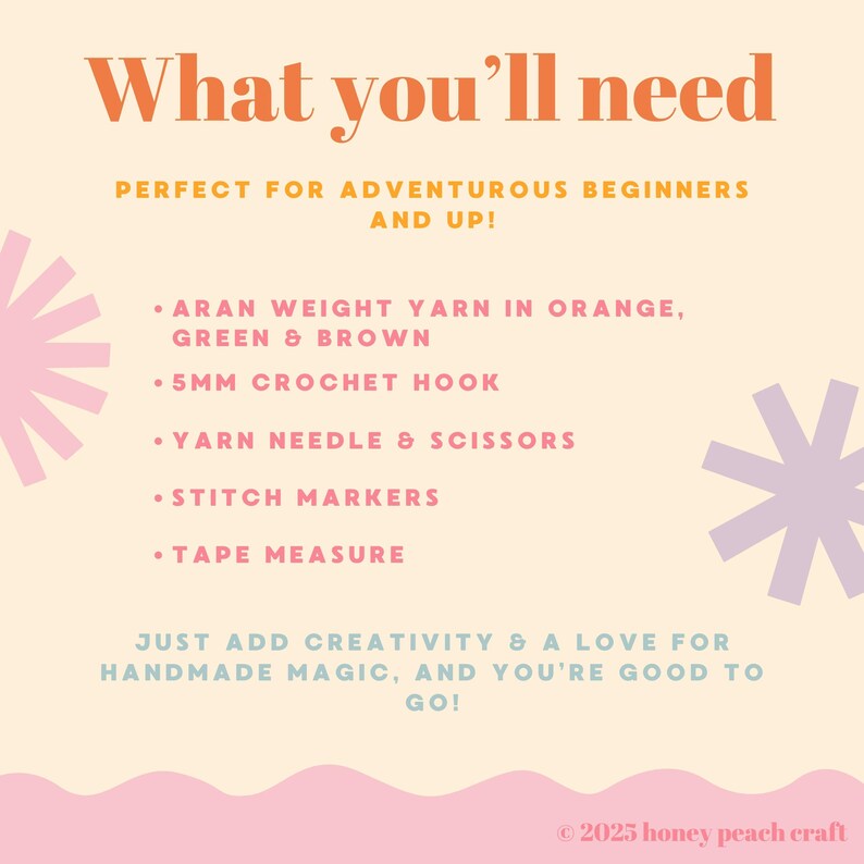 May include: A peach-colored graphic lists crochet supplies needed for a project. Text in orange and teal reads "What you'll need." The list includes yarn in orange, green, and brown, a 5mm crochet hook, yarn needle, scissors, stitch markers, and a tape measure.