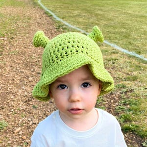 May include: A light green crochet hat with Shrek-like ears. The hat is worn by a young child wearing a white t-shirt. The background is a grassy area with a white line.