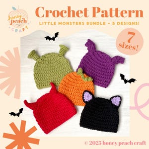 Peut inclure: Ensemble de cinq chapeaux de monstres crochetés de couleurs variées : vert, violet, orange, rouge et noir. Les chapeaux présentent différents motifs de monstres. Le texte "Crochet Pattern" et "Little Monsters Bundle - 5 Designs!" est inclus.