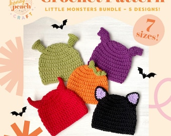 Halloween Hat Crochet Pattern Bundle Kids Fall Pumpkin Beanie Baby Cat Hat Adult Devil Bat Hat Photo Prop Toddler Shrek Crochet DIY Costume