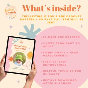 May include: A digital tablet displays a crochet pattern for a "Shrek Cotton Bucket Hat." The image features a child wearing the green hat. Text on the screen highlights pattern details, including sizes from baby to adult, step-by-step instructions, and instant download.