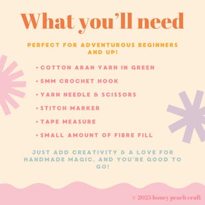 May include: A cream-colored graphic with the text "What you'll need" in orange. The image lists supplies for a craft project, including green yarn, a 5mm crochet hook, scissors, and a tape measure. Decorative floral shapes are in pink and purple.