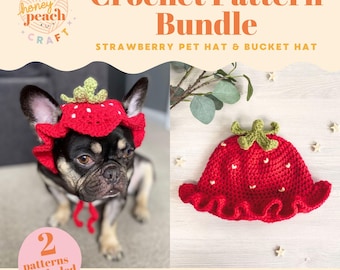 Strawberry Hat Crochet Pattern Bundle Pet Hat and Adult Bucket Hat DIY Matching Fruit Hats for Dogs and Owners Cute Summer Crochet Tutorial