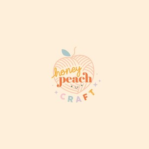 May include: A peach-colored logo with the words "honey peach craft" in a whimsical font. The peach is designed with yarn-like lines and a smiling face. The word "craft" is in colorful letters.