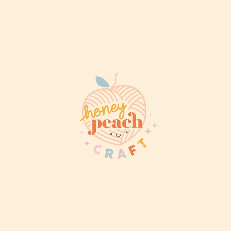 May include: A peach-colored logo with the words "honey peach craft" in a whimsical font. The peach is designed with yarn-like lines and a smiling face. The word "craft" is in colorful letters.