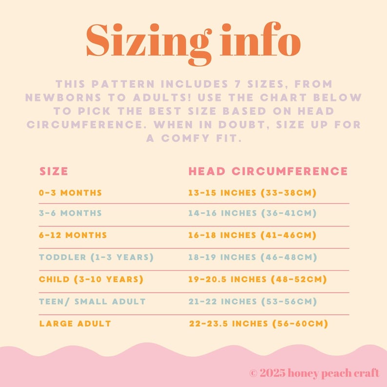 Puede incluir: Una tabla de tallas con el texto "Sizing info" en naranja. La tabla enumera tallas desde reci&eacute;n nacidos hasta adultos, con medidas de circunferencia de la cabeza en pulgadas y cent&iacute;metros. Incluye tallas para 0-3 meses, 3-6 meses, 6-12 meses, ni&ntilde;o peque&ntilde;o, ni&ntilde;o, adolescente/adulto peque&ntilde;o y adulto grande.