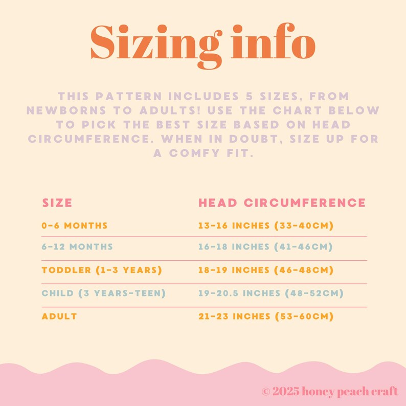 May include: A cream-colored chart with the text "Sizing info" in orange. The chart lists sizes from newborn to adult, with corresponding head circumference measurements in inches (cm). Includes sizes for 0-6 months, 6-12 months, toddler, child, and adult.