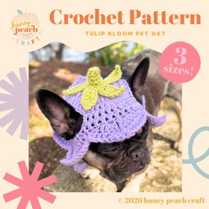 May include: A crochet pattern for a Tulip Bloom pet hat. The hat is lavender with a green flower accent. The image shows a dog wearing the hat. The text on the image says "3 sizes!" and "© 2026 honey peach craft".