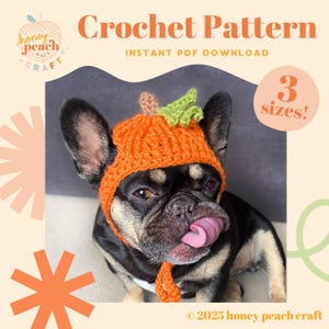 Könnte beinhalten: Eine französische Bulldogge trägt einen orangefarbenen gehäkelten Kürbishut mit grünen Blättern. Das Bild enthält den Text "Crochet Pattern" und "INSTANT PDF DOWNLOAD". Der Text "3 sizes!" ist ebenfalls sichtbar. Der Hund leckt sich die Lippen.