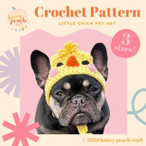 May include: A black and brown dog wearing a yellow crochet chick hat with orange beak and pink cheeks. The image includes the text "Crochet Pattern" and "Little Chick Pet Hat". The hat is available in 3 sizes.