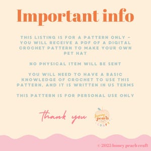 May include: A digital crochet pattern for a pet hat is advertised on a cream-colored background. The text "Important info" is in orange, followed by details about the pattern, including that it is written in US terms. The words "Thank you" are in pink.