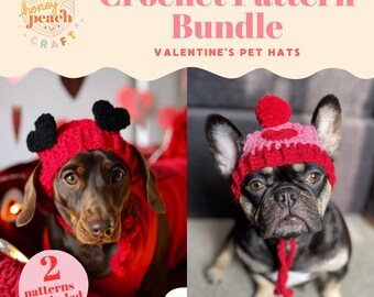 Valentine’s Dog Hat Crochet Pattern Bundle | Lovebug & Sweetheart Beanie Pet Hat Tutorials | Handmade Photo Prop Accessory