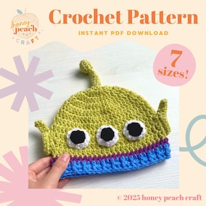 May include: A lime green crochet hat featuring three black and white eyes, two side ears, and a top antenna. The hat has a purple and blue striped brim. Text on the image reads Crochet Pattern, Instant PDF Download, 7 sizes, and honey peach craft.