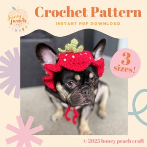 May include: A black and brown dog wearing a red crochet strawberry hat with green leaves and white seeds. The image includes the text "Crochet Pattern" and "3 sizes!" in a playful font. The logo for "honey peach craft" is in the upper left corner.