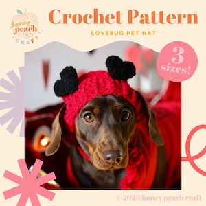 May include: A dachshund wearing a red and black crochet Lovebug pet hat. The hat has two black heart-shaped antennae. The image also includes the text "Crochet Pattern LOVEBUG PET HAT" and "3 sizes!"