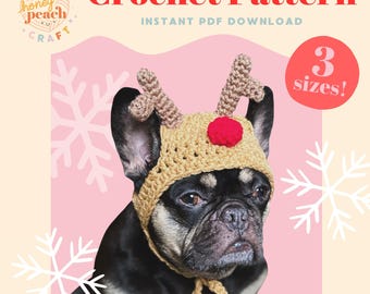 Christmas Reindeer dog hat crochet pattern DIY xmas Rudolph costume | festive pet accessory | handmade pet winter outfit holiday photo prop