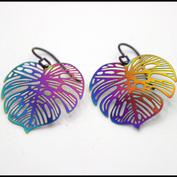 RAINBOW LEAF EARRINGS | niobium fun palm electroplated drop charm unique - hypoallergenic nickel-free non-tarnish anodized purple hooks