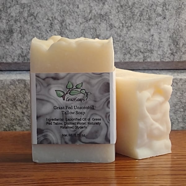 Grass Fed Tallow Soap | UNSCENTED | Cold Process | 5.25 - 5.75 Ounce Bars | 100% Tallow