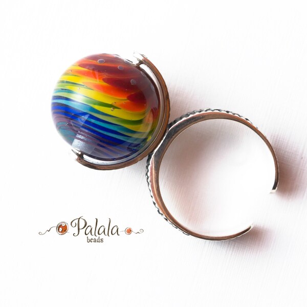 Handmade Lampwork Rainbow Bead and Sterling Silver Ring