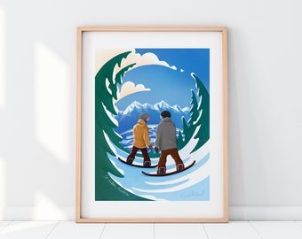 Custom Snowboarding Vintage-Style Travel Art Print - Personalised snowboarders illustration and handwriting. Winter wall art poster.