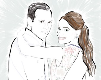 Couple Portrait, Bride and Groom Illustration, Gift for the couple, Custom Save the Date