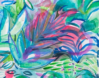 Original Art Gift, Jungle Art, Tropical painting, Bright leaves - Pink - Turquoise, Vivid color, bold, Palm, Foliage