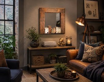 May include: A square wall mirror with a thick, weathered brown wooden frame. The mirror reflects a set of small, white and brown house-shaped ornaments placed on its bottom ledge, creating a layered visual effect within the reflective glass surface.