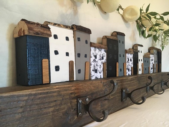 Funckles Stunning Handpainted Coloured Nautical Patterned Driftwood Cottage Houses Coatrack With 4 Cast Iron Hooks Etsy