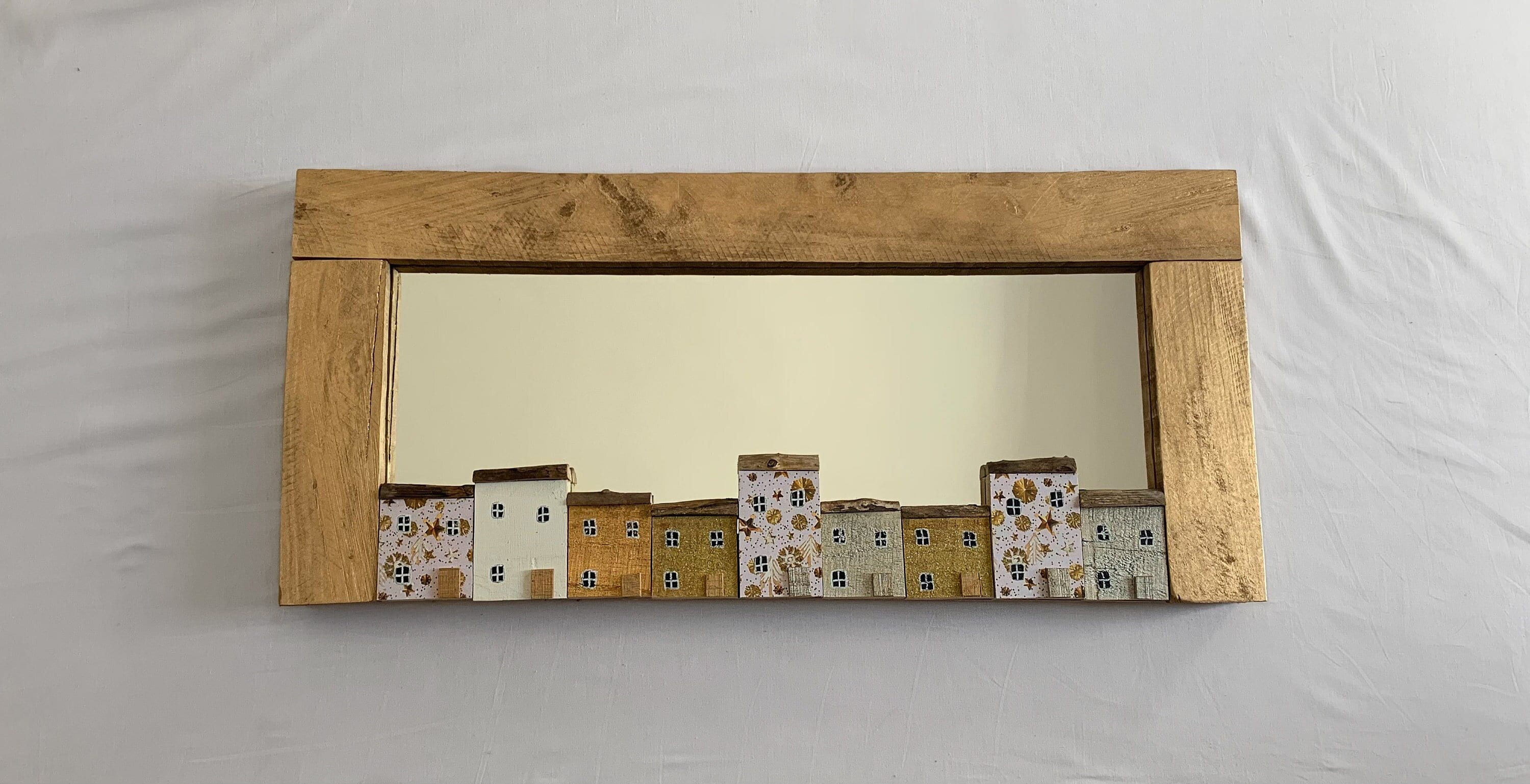 Funckles Gold Mirror with houses a joyful decoration Signed Great housewarming/wedding/gift