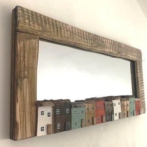 NEW Funckles Stunning driftwood mirror with driftwood cottage houses New Design NAUTICAL SIGNED, Eco friendly gift