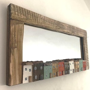 NEW Funckles Stunning driftwood mirror with driftwood cottage houses New Design NAUTICAL SIGNED, Eco-friendly gift