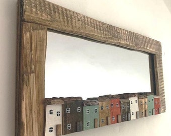 NEW Funckles Stunning driftwood mirror with driftwood cottage houses New Design NAUTICAL SIGNED, Eco-friendly gift