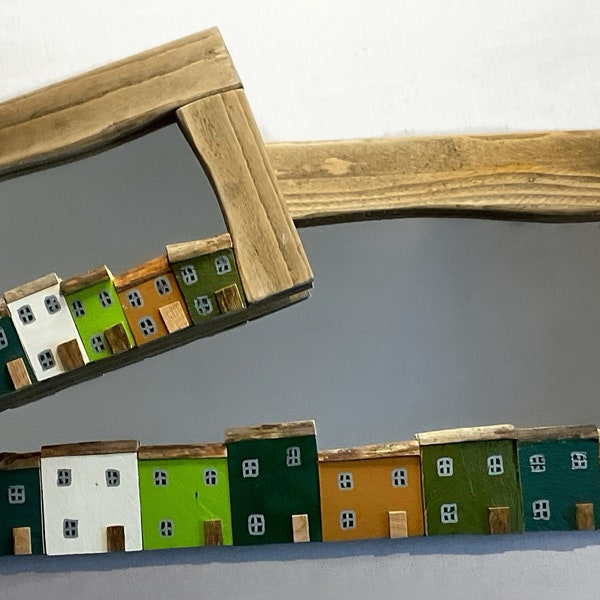 Set Of 2 Stunning driftwood mirror's with driftwood cottage houses colourful country core  design SIGNED By ARTIST